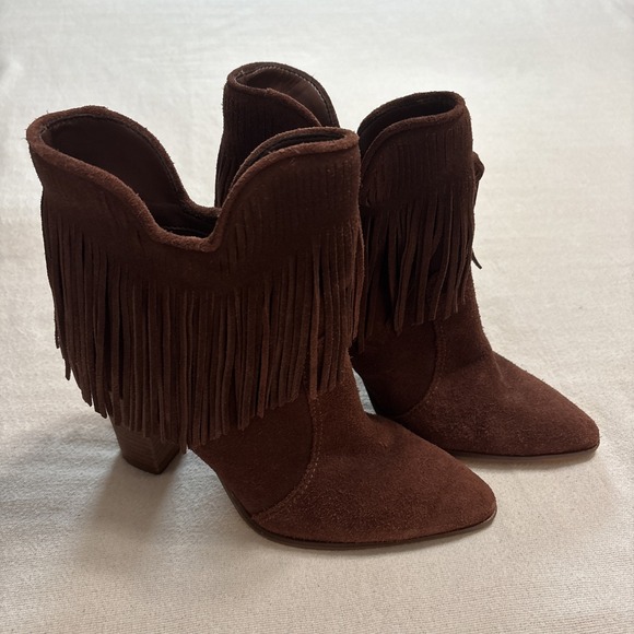 Antonio Melani Felix Stack Brown Wooden Heel‎  Fringe Booties Western Boho Sz7.5 - Picture 1 of 11